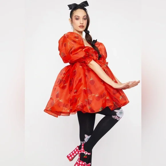 Selkie Red Strawberry Puff Dress L - Picture 2 of 10
